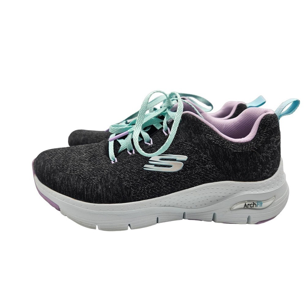 Skechers Women's Arch Fit Comfy Wave Gray Purple Blue Laces Size 7‎